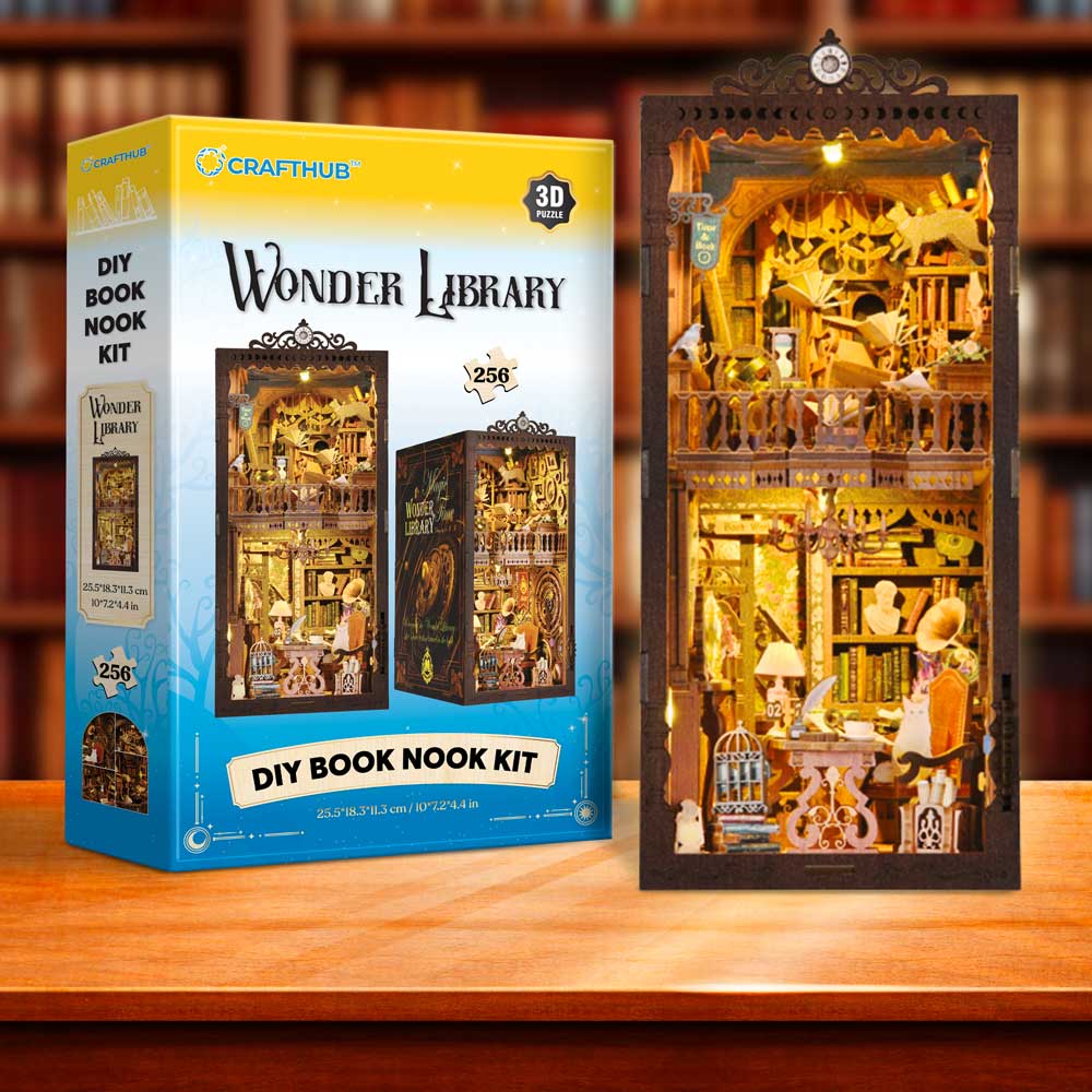 3D Wooden Puzzles 256 Pieces | 10"x7.2"x4.4" Wonder Library - DIY Book Nook Kit