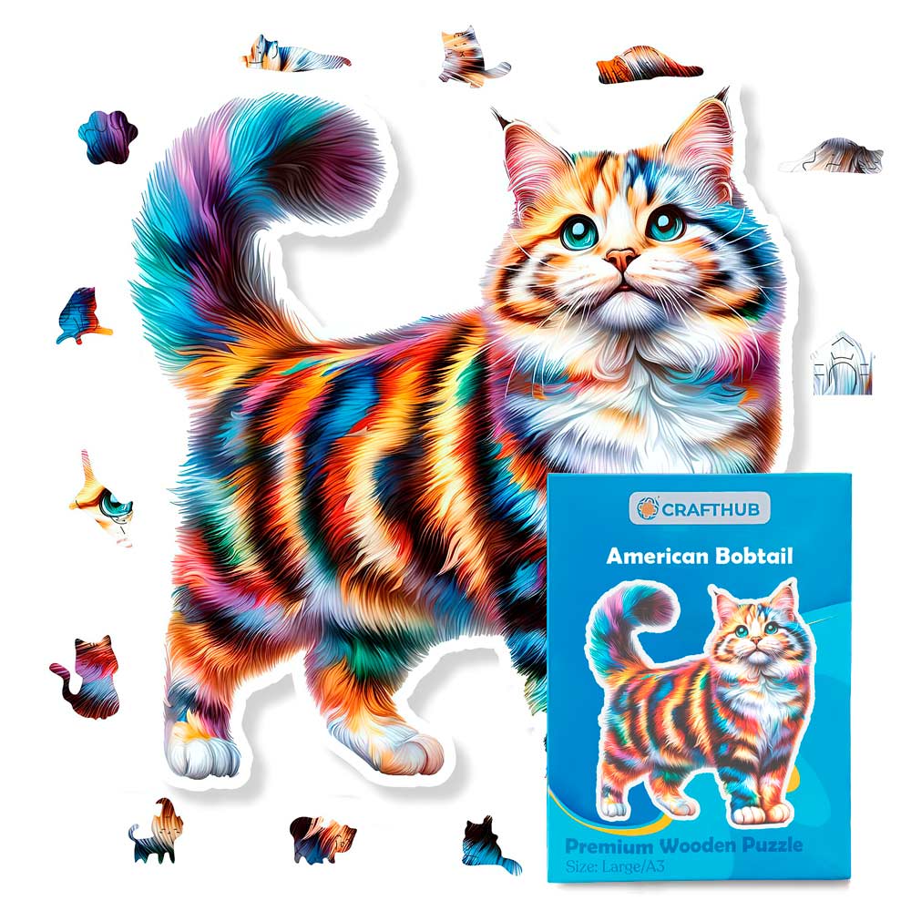 Animal Jigsaw Puzzle > Wooden Jigsaw Puzzle > Jigsaw Puzzle A4 + Paper Box American Bobtail Cat - Jigsaw Puzzle